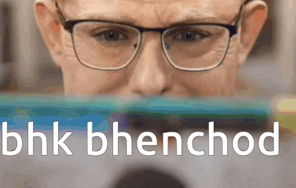 a close up of a man wearing glasses with bhk bhenchod written in white letters