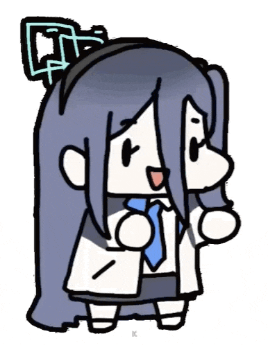a cartoon of a girl with long black hair and a blue tie .