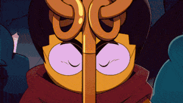 a cartoon character with purple eyes and a red scarf around his neck