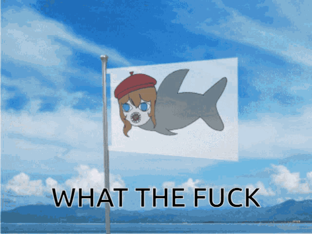 a flag with a shark and the words what the fuck on it