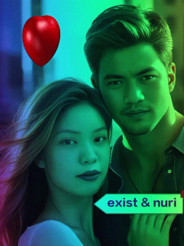 a man and a woman standing next to each other with an arrow pointing to the right that says " exist & nuri "