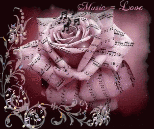 a pink rose made out of sheet music with the words music = love written below it