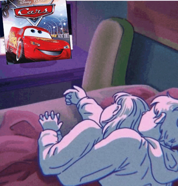 a cartoon of a couple watching a movie titled cars