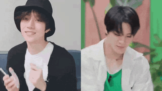 a man in a black hat and a man in a green shirt are smiling