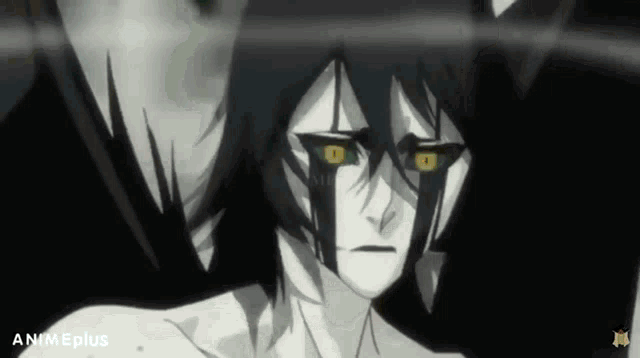 a black and white drawing of a man with yellow eyes and the words animeplus on the bottom