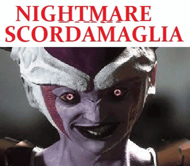 a picture of a purple monster with red eyes and the words nightmare scordamaglia on the top