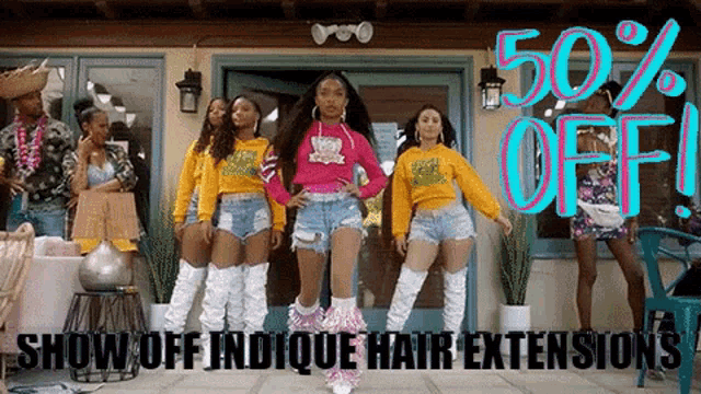 a group of women are dancing in front of a building with the words `` show off indicque hair extensions '' on the bottom .