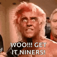a man with pink hair is talking into a microphone and says `` woo !!! get it niners ! ''