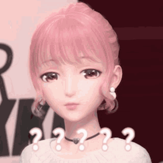 a girl with pink hair is wearing a choker and earrings and has a question mark on her face .