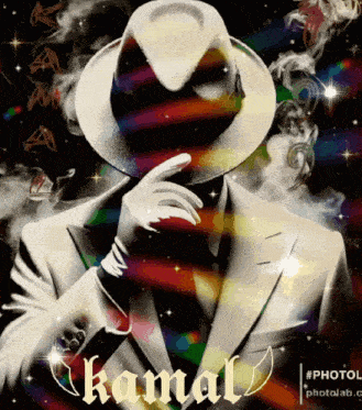 a man in a suit and hat with the name kamal