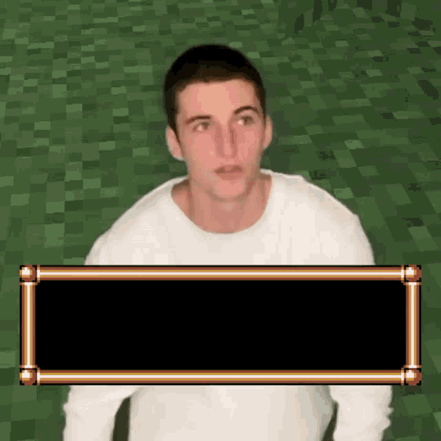 a man standing in front of a minecraft background