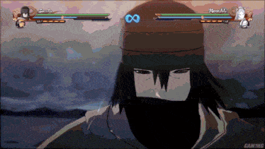 a screenshot of a video game with sasuke and mangekichi fighting each other