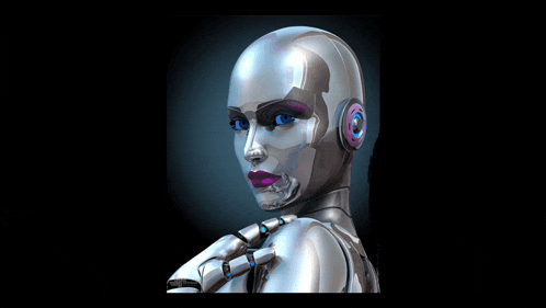 a close up of a robotic woman 's face with headphones on