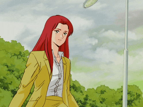 a cartoon of a woman with red hair and a yellow suit