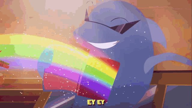 a cartoon dolphin with a rainbow and the words ey ey