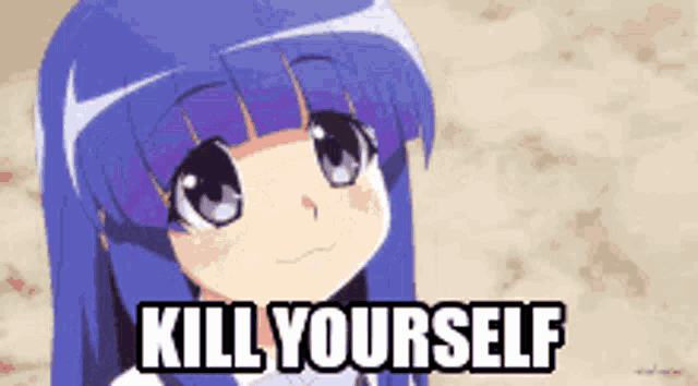 a picture of a girl with purple hair and the words kill yourself below her