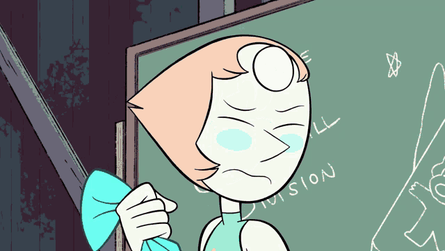 a cartoon of pearl crying in front of a chalkboard with the word division written on it