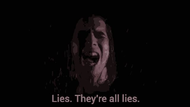 a man with long hair is crying in the rain with the words lies . they 're all lies . written below him .