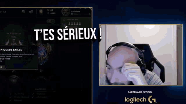 a man wearing headphones is sitting in front of a screen that says t'es serieux