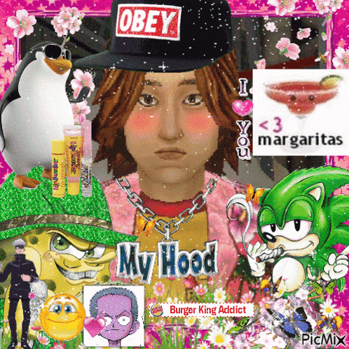 a girl wearing an obey hat is surrounded by other cartoon characters