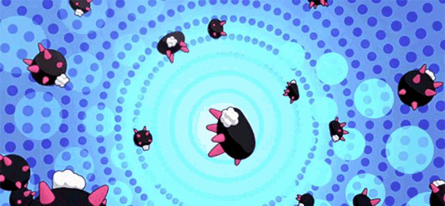 a bunch of black and pink monsters are flying around a blue circle