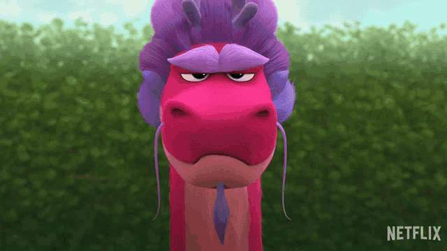 a cartoon dragon with purple hair and a mustache is featured in a netflix ad