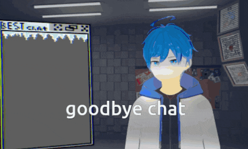 a cartoon character says goodbye chat in front of a best chat screen