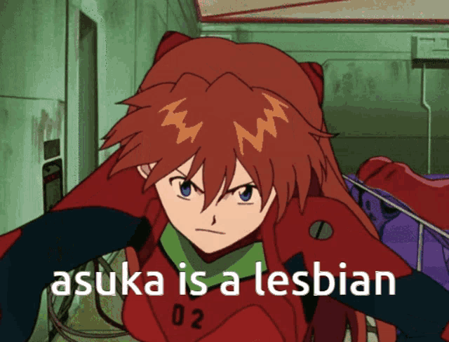 a picture of a girl with the words asuka is a lesbian on the bottom