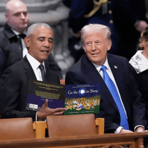 barack obama and donald trump looking at a book called go the fox to sleep
