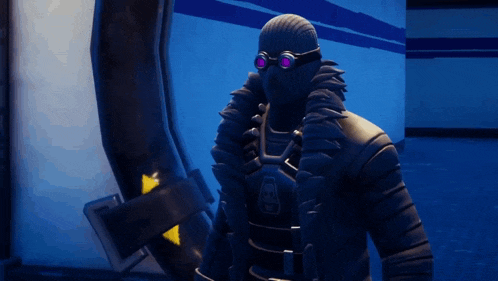 a video game character is wearing a purple goggles and a black coat