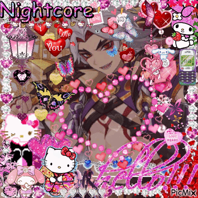 a picture of a man surrounded by hearts and butterflies with the words nightcore
