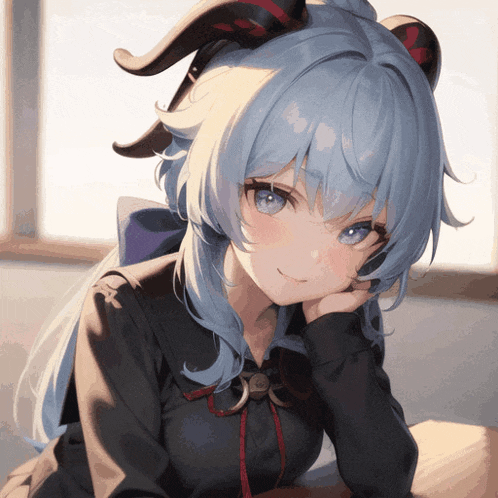 a girl with blue hair and horns is smiling with her hand on her chin