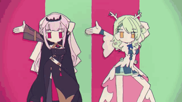 a couple of anime girls are standing next to each other with their arms outstretched