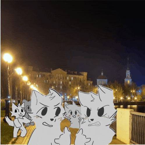 a group of cartoon cats standing on a sidewalk with buildings in the background
