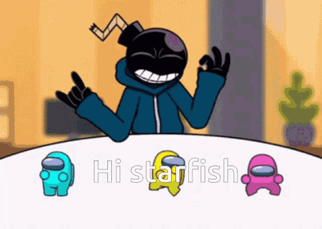 a cartoon character is sitting at a table with three among us characters and the words hi starfish