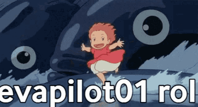 a little girl in a red dress is standing on top of a whale in the water .