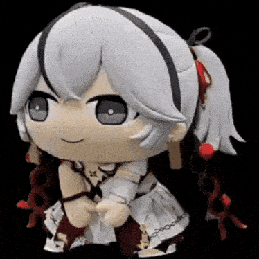 a stuffed toy of a girl with white hair and a ponytail is sitting down on a black background .