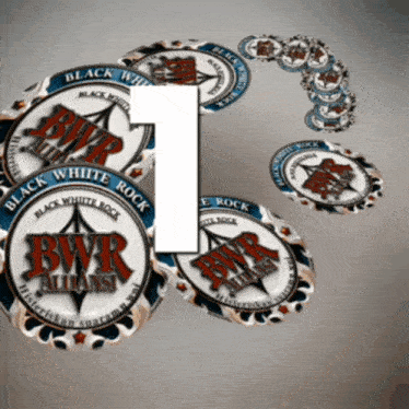 a bunch of bwr alliance poker chips with the number 1