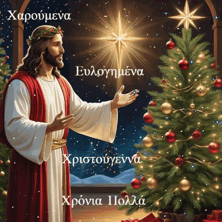 jesus is standing in front of a christmas tree and a star