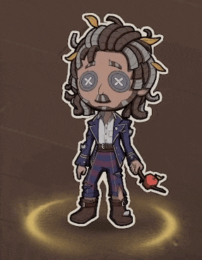 a cartoon drawing of a man holding an apple and a cane