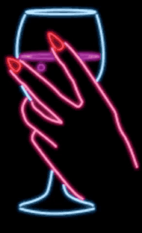 a neon sign of a hand holding a glass of wine .