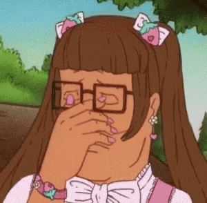 a cartoon girl is covering her face with her hand and wearing glasses .