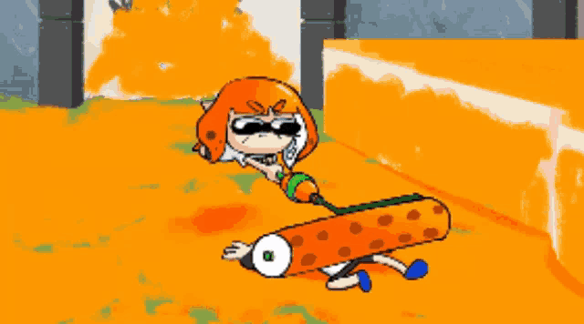 a cartoon drawing of a girl holding a paint roller next to a troll