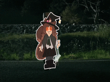 a cartoon drawing of a witch with a cat hat