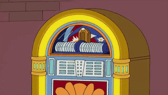 a cartoon jukebox has a flower on the front of it