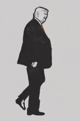 a drawing of donald trump in a suit and tie walking .
