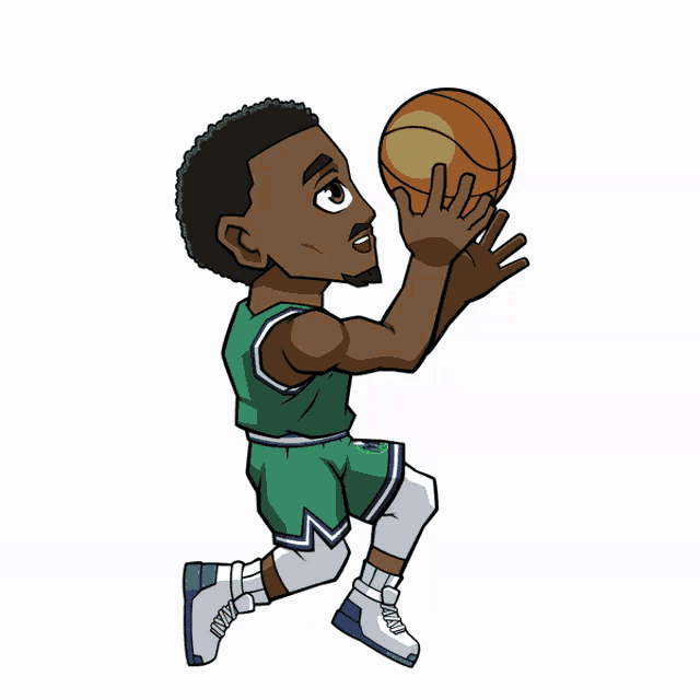 a cartoon drawing of a basketball player in a green and white uniform