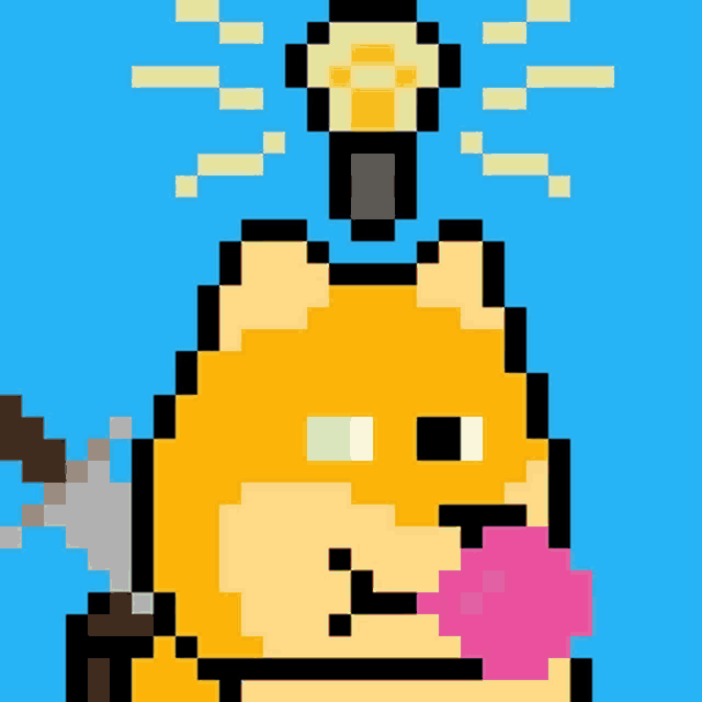 a pixel art of a dog with a light bulb on top of it