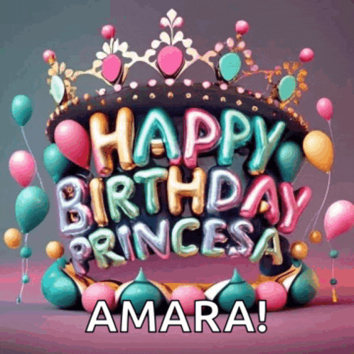 a birthday cake with balloons and a tiara that says happy birthday princess amara
