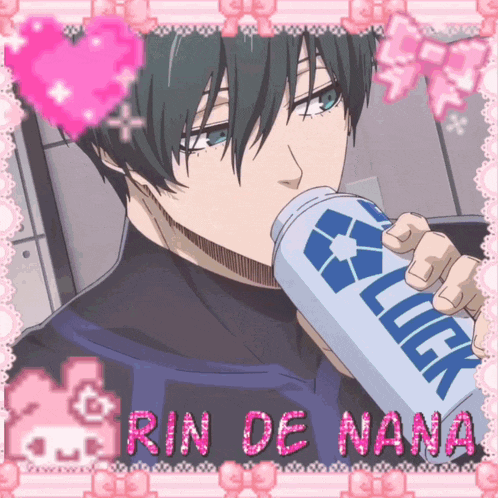 a picture of a man drinking from a can that says luck